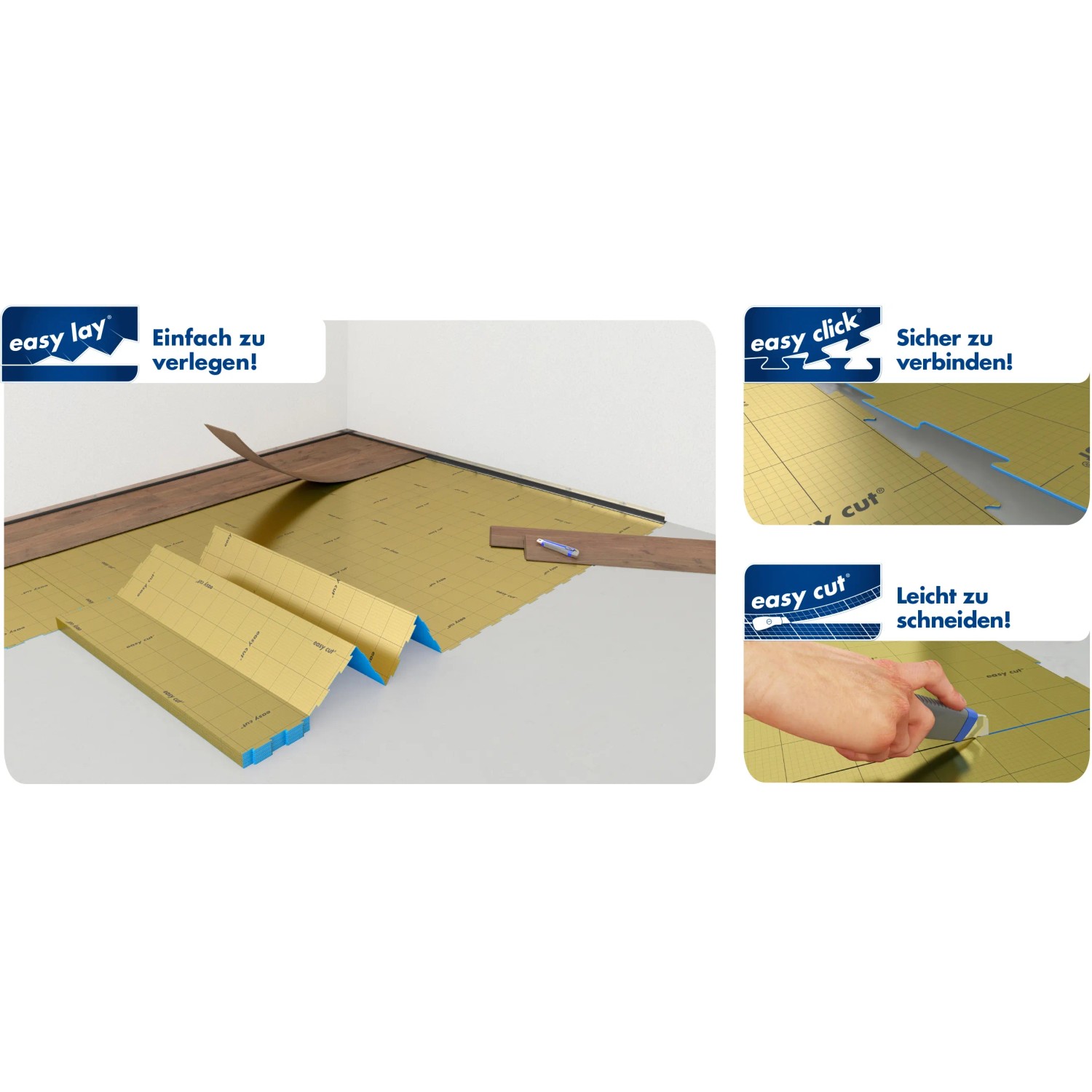 Selitbloc GripTec Trittschalldämmung: Goldene Dämmplatten mit Verlegehinweisen im Raum.