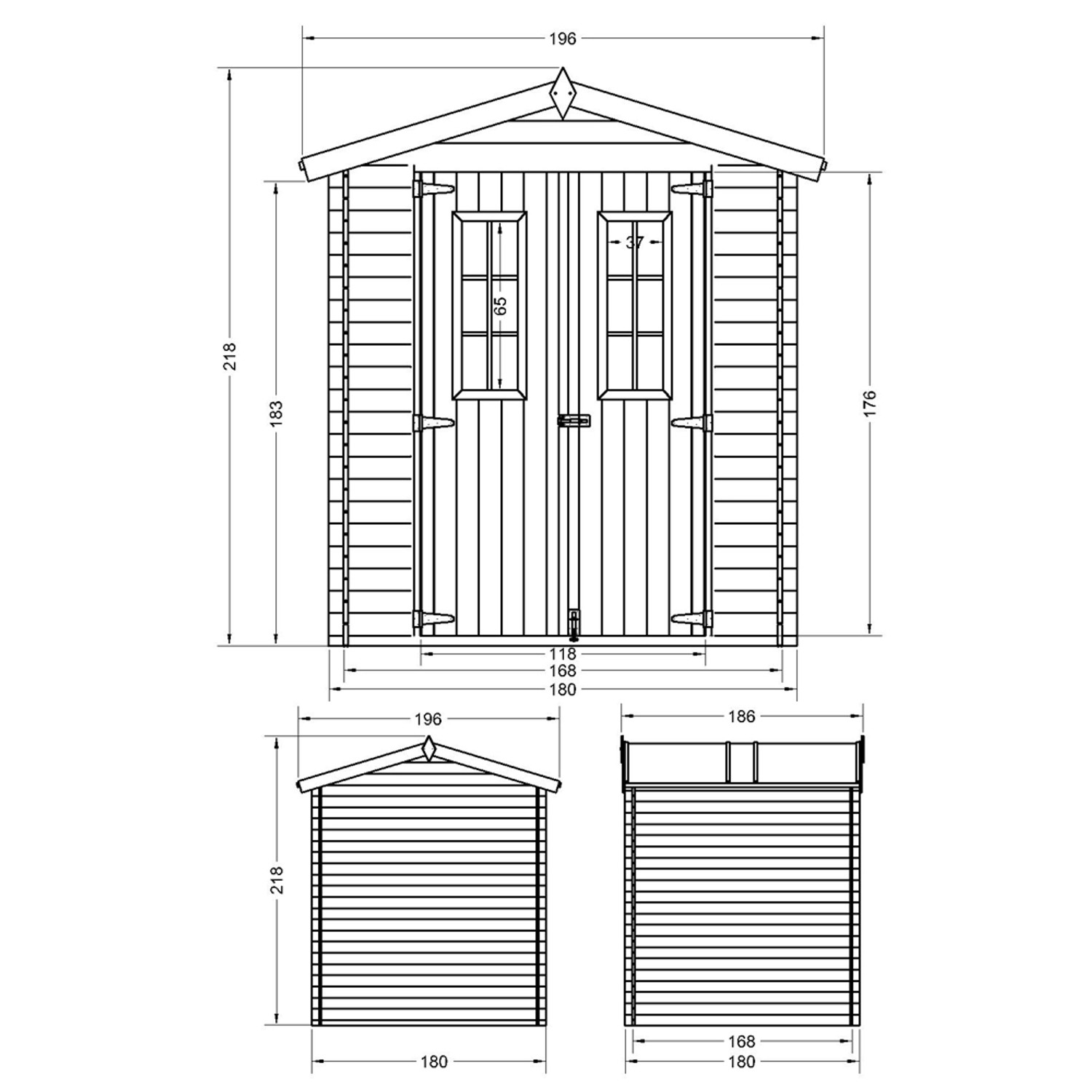 Technische Zeichnung: Timbela Holz-Gartenhaus M320C, 2,82 m², beige/braun, mit Maßen.