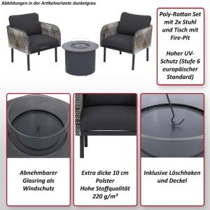 Poly-Rattan Gartenmöbel-Set mit 2 Stühlen, Tisch und Feuerstelle in Creme-Beige.