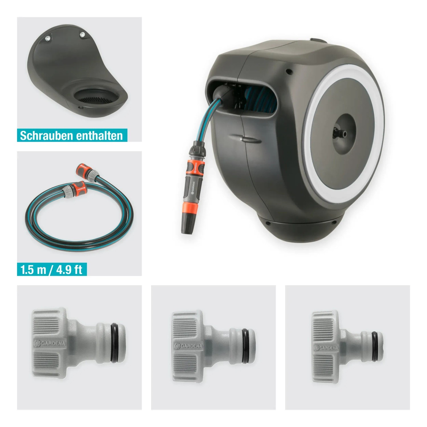 Gardena Wand-Schlauchbox RollUp S mit 15m Schlauch, Wandhalterung, Anschluss-Schlauch, Systemteile und Spritze.