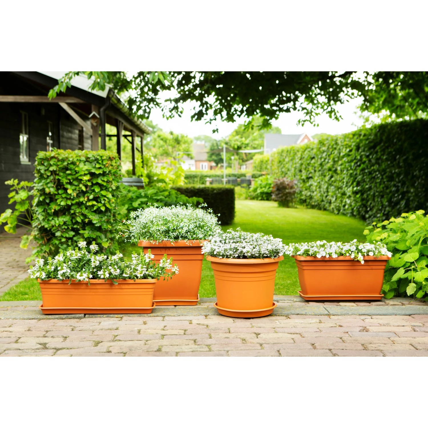 Verschiedene Florus Pflanztöpfe (Anthrazit) der Kategorie Blumentöpfe im Garten.