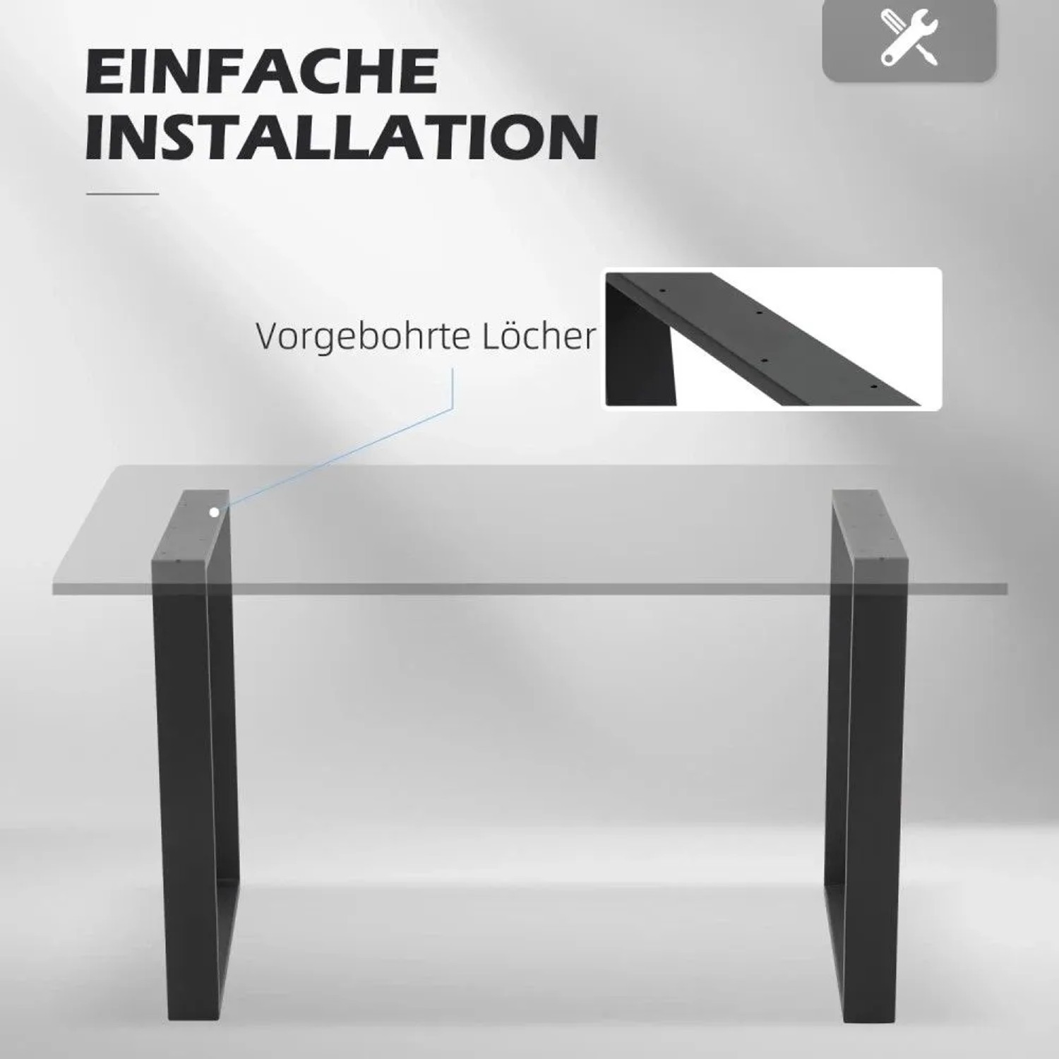 HOMCOM Tischbeine 2er-Set aus schwarzem Stahl mit Vierkantprofil. Zeigt einfache Montage mit vorgebohrten Löchern.