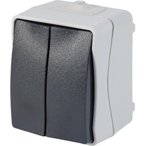 Grauer Feuchtraum Serienschalter IP44 für Aufputzmontage im Innen- und Außenbereich.