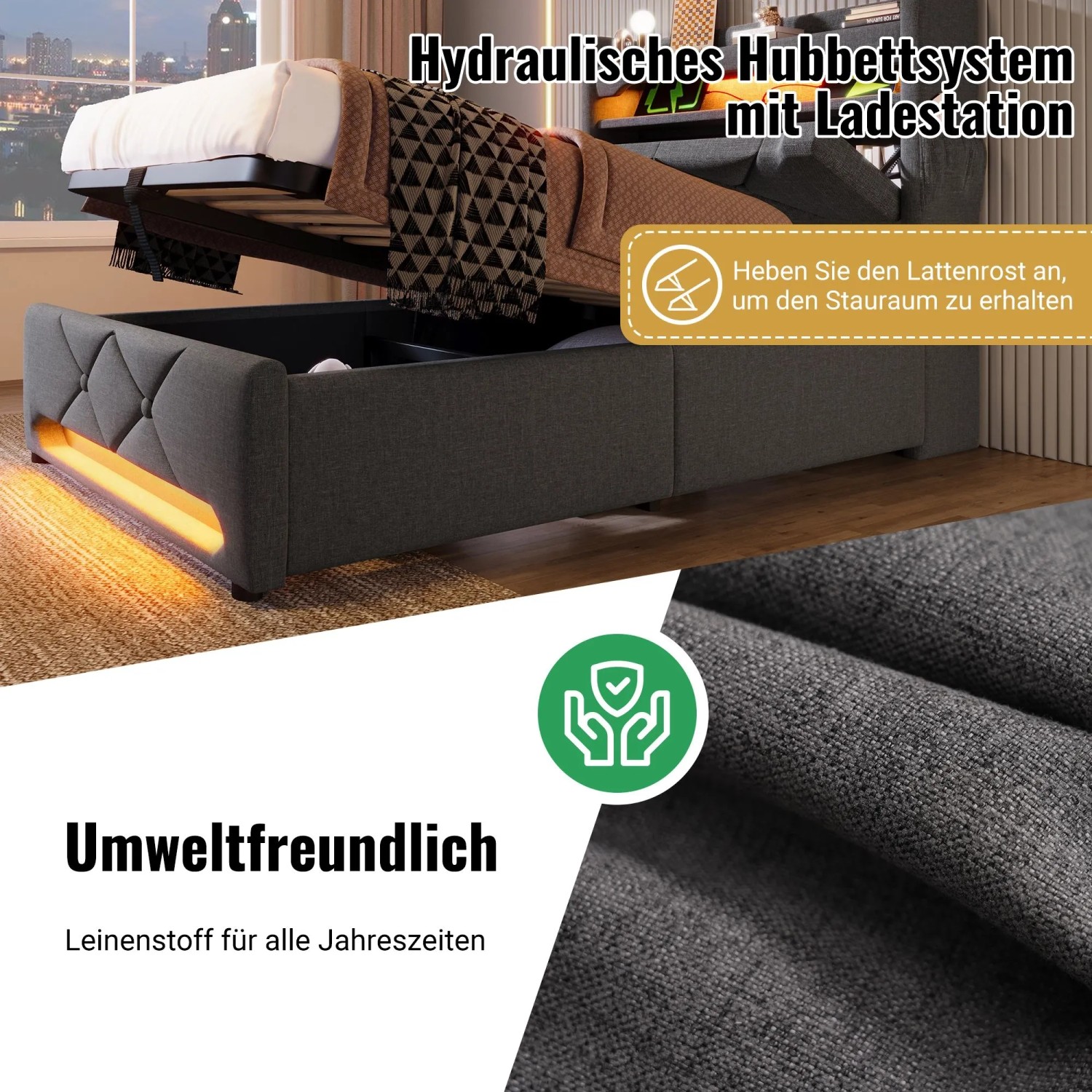 okwish Polsterbett 90x200cm mit LED Stauraum USB Kopfteil Grau ohne Matratze_9