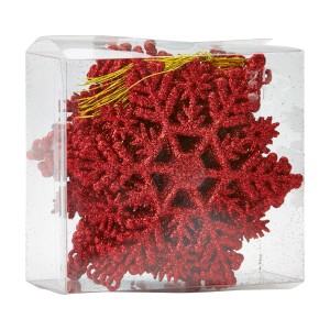 12er-Set rote Schneeflocken-Baumhänger aus Kunststoff mit Glitzer im transparenten Aufbewahrungsbox.