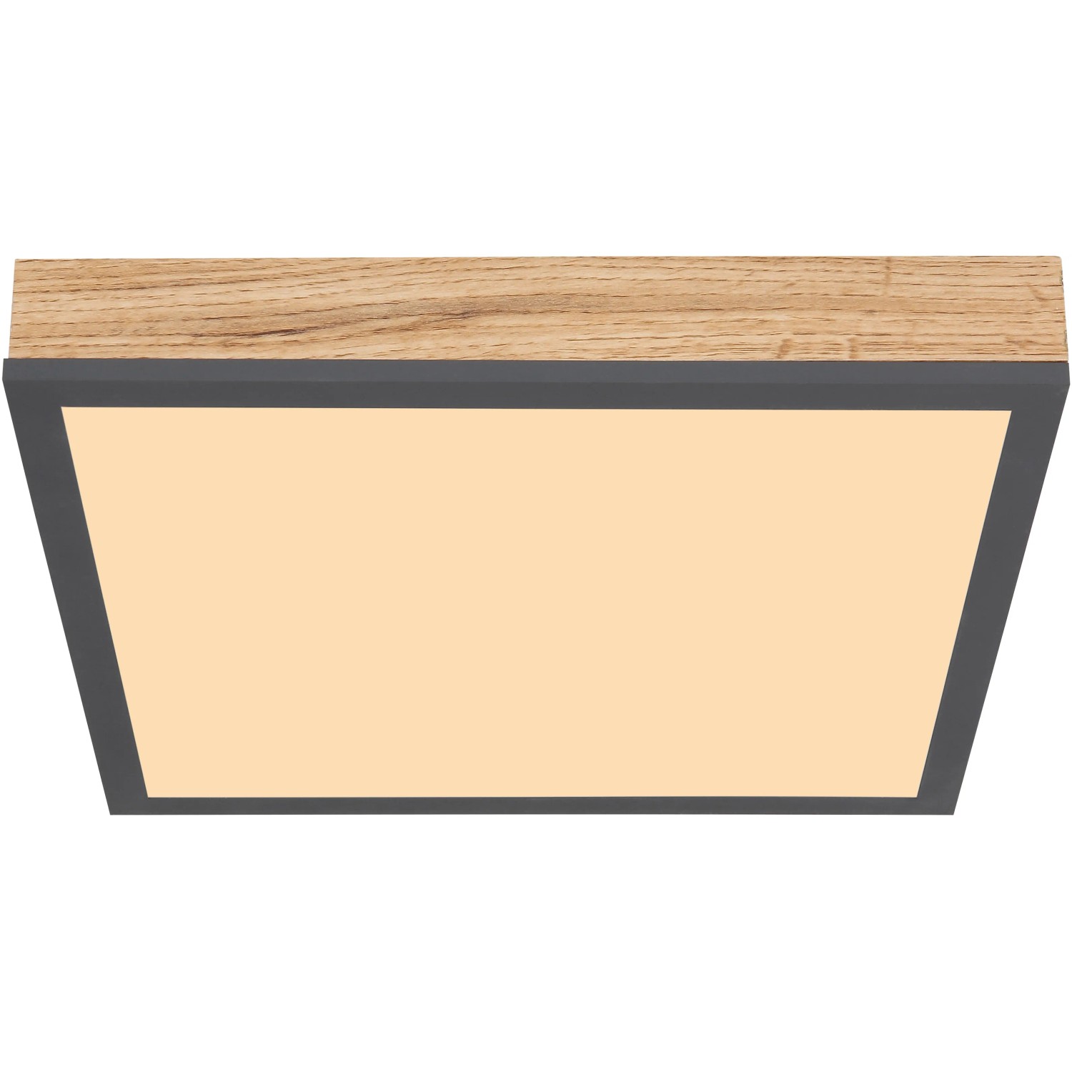 Quadratische LED Deckenleuchte Doro, 30 cm, Holzoptik und grauer Rahmen für Wohnräume.