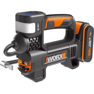 Worx Akku-Kompressor WX092 20V mit digitaler Anzeige und LED-Lampe.