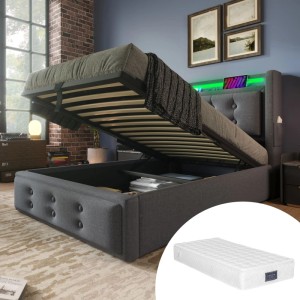 okwish Polsterbett 90x200cm mit LED Kopfteil USB Ladefunktion Jugendzimmer Grau mit Matratze