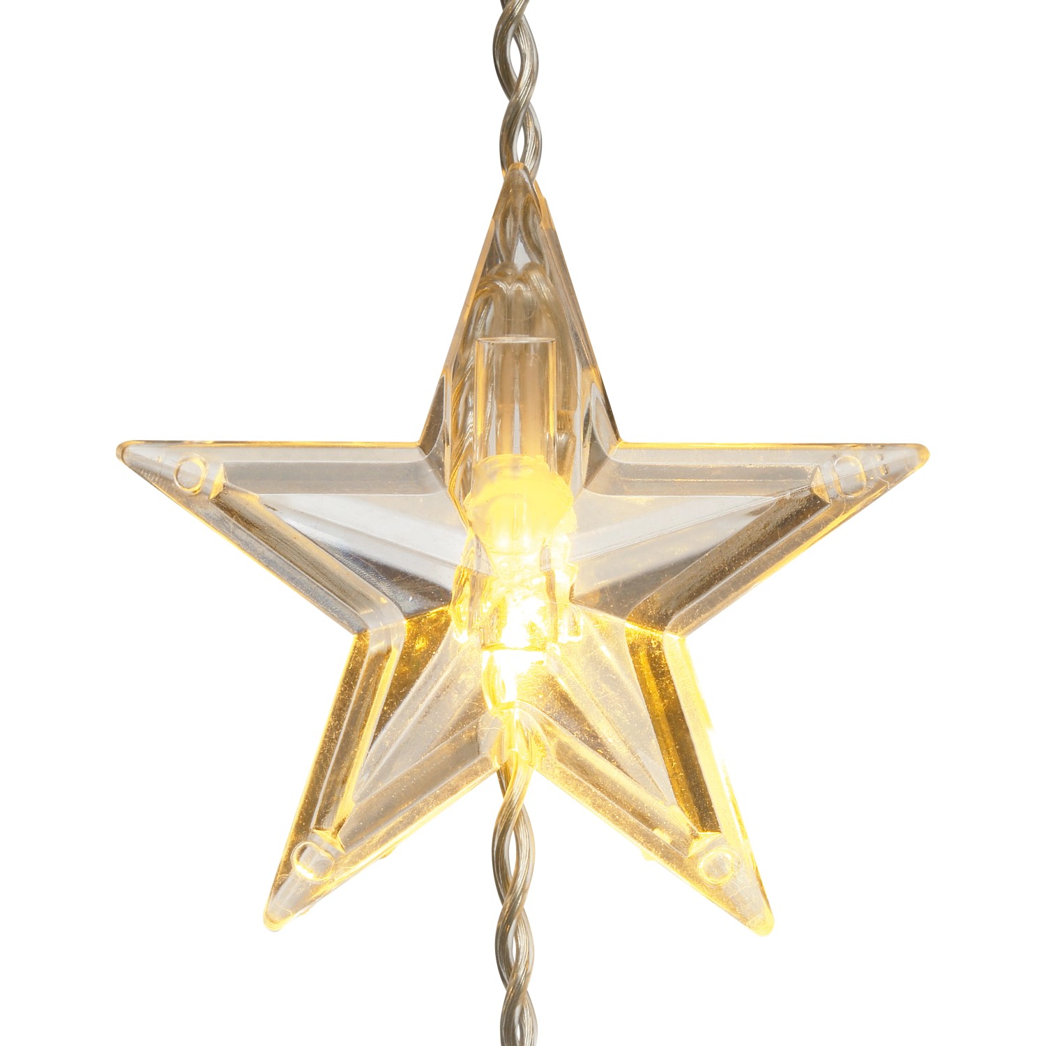 Detailaufnahme: LED-Stern einer transparenten Lichterkette mit warmweißem Licht für den Außenbereich.