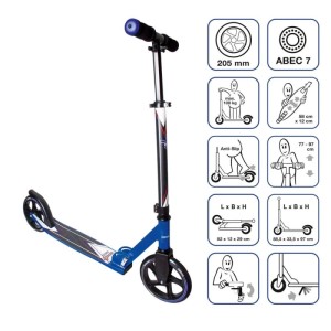 Blauer Muuwmi Aluminium Scooter Tretroller mit 205mm Rollen, ABEC 7 Kugellager und höhenverstellbarem Lenker.