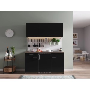 Respekta Küchenzeile KB150EYSC, 150 cm, Schwarz/Eiche York Nachbildung mit Kühlschrank und Kochfeld.