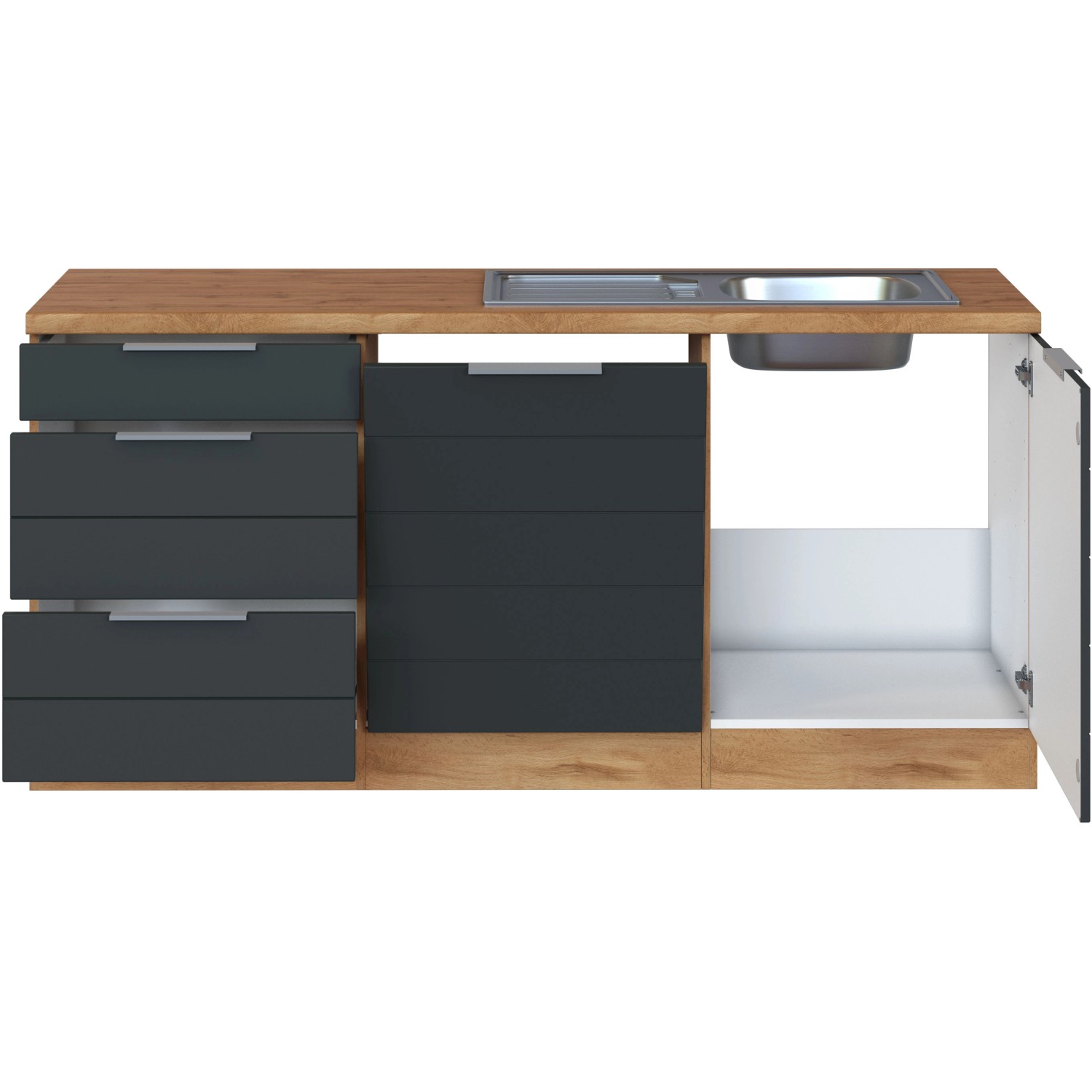 Held Möbel Winkelküche in Grau-Wotaneiche, 240x180 cm, ohne E-Geräte, mit Spüle und Schubladen.