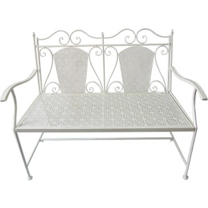 Weiße Metall Gartenbank Lascar mit Zierornamenten im klassischen Design.