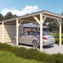 Holzbrüder Carport Ralf mit Geräteraum, imprägniert, dunkelgraues Dach, Auto steht darunter.