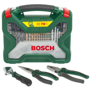 Bosch X-Line 70-teilig Zubehörbox mit Bohrern, Bits und Zangen-Set für vielfältige Anwendungen.