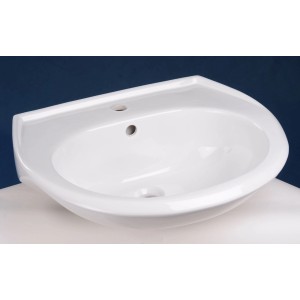 Weißes, rundes Standard-Waschbecken (60 cm) aus Keramik mit Hahnloch und Überlauf.