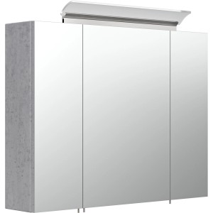 Posseik Spiegelschrank in Beton-Optik, 80 cm breit, mit drei Spiegeltüren und Aufsatzleuchte.