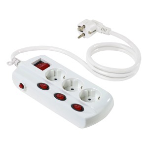 Weiße 3-fach Steckdosenleiste mit 1,5 m Kabel und Schaltern für jeden Steckplatz.