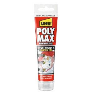 UHU Poly Max Montagekleber Sofort Power, transparente 115g Tube. Starker Baukleber für innen & außen, schnelle Haftung.
