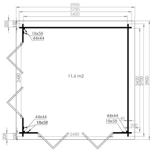 Grundriss Alpholz Gartenhaus Sunshine, 350x342 cm, Holz-Gartenhaus mit Maßangaben.