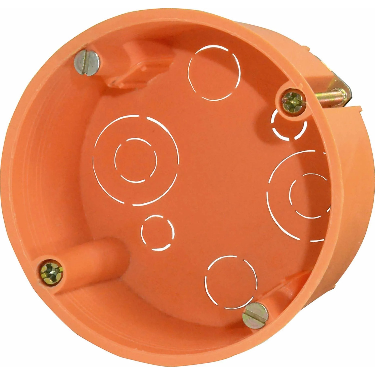 Orangefarbene Hohlwanddose (Ø 68 mm) aus Kunststoff, geeignet für Schalter und Steckdosen.