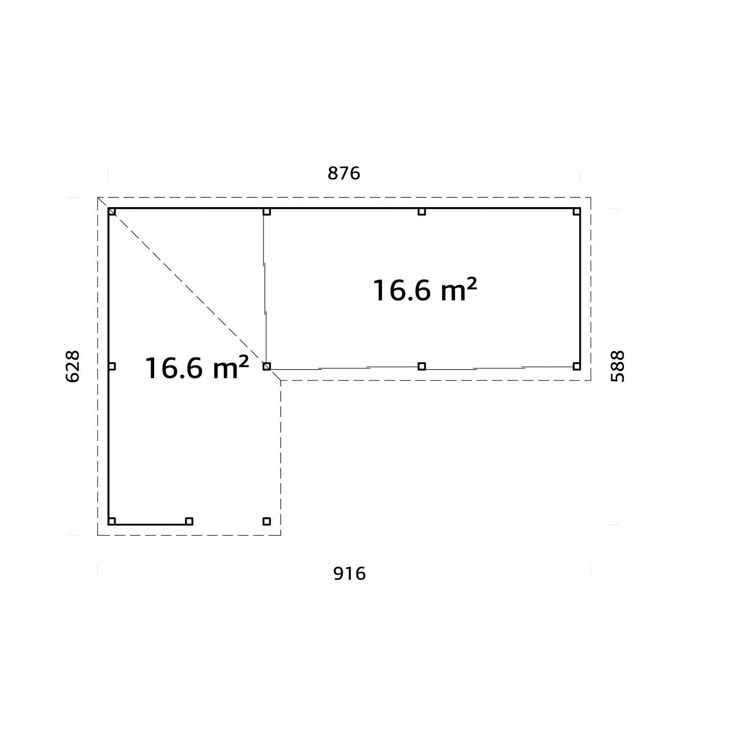 Grundriss Palmako Pavillon Lenna Set 720, Weekendhaus mit Maßen 876x588 cm und 916x628 cm.