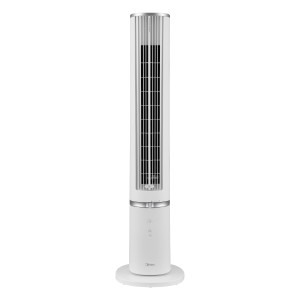 Weißer Midea Turmventilator, 103 cm hoch, mit silbernen Akzenten. Ideal für die Luftzirkulation.