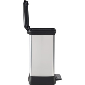 Curver Decobin Mülleimer, 30 l, Silber metallic mit Fußpedal und geöffnetem Deckel.