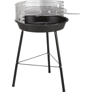 Schwarzer Holzkohle-Rundgrill mit verchromtem Grillrost für Balkon und Garten.