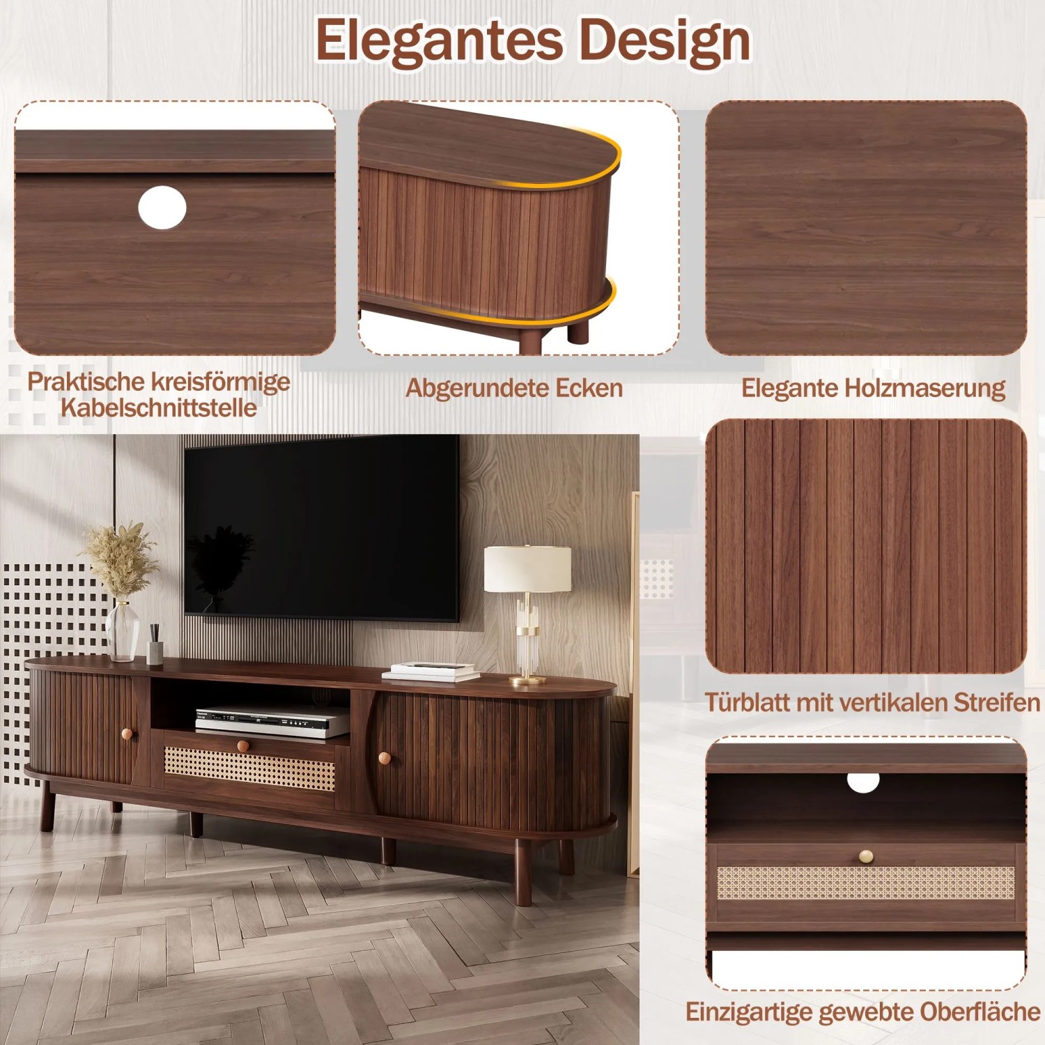 okwish TV Schrank mit Türen Schubladen Rattan Massivholz Stauraum 165x37x46cm Braun_6
