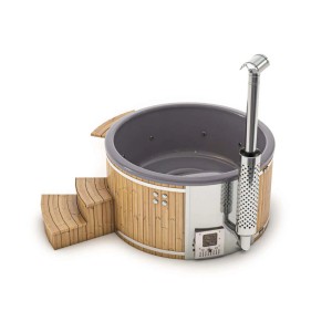 Finntherm Hot Tub Stockholm Spa Edition Anthrazit Ø 200 cm mit Holzverkleidung und Leiter.