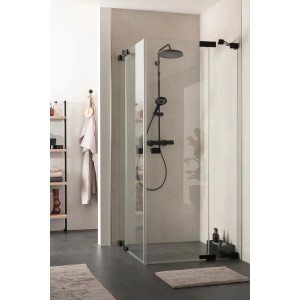 Schöner Wohnen Eckdusche mit Drehtüren und Festteilen, 90x90 cm, schwarzmatte Beschläge.