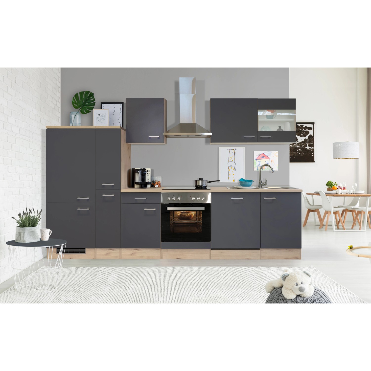 Moderne Küchenzeile Morena in Basaltgrau matt und San Remo Eiche hell mit E-Geräten.