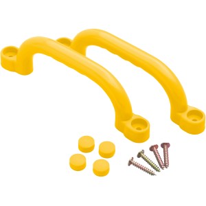 SwingKing Handgriffe, gelb, 2 Stück, mit Schrauben und Abdeckkappen für Gartenspielgeräte.