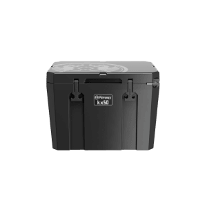 Schwarze Petromax Kühlbox kx50 mit 50 l Volumen für Camping & Outdoor.