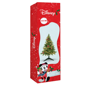 Rote Disney Verpackung mit illustriertem 60 cm Mickey Tisch-Christbaum-Set, geschmückt mit Kugeln und Lichterkette.