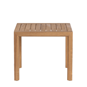 Quadratischer, brauner Yes Couchtisch Danubio aus Akazienholz mit Lamellen-Optik.