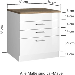 Held Möbel Kochfeldumbauschrank Mailand, 80 cm, Hochglanz Weiß mit Schubladen und Arbeitsplatte in Eiche Dekor.