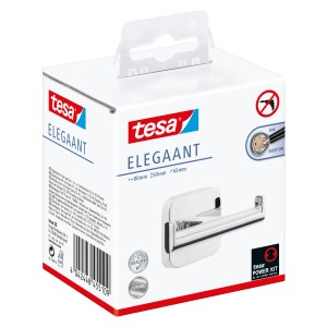 Verpackung des Tesa Doppelhaken Elegaant Chrom Handtuchhalters. Rostfrei, einfache Montage ohne Bohren.