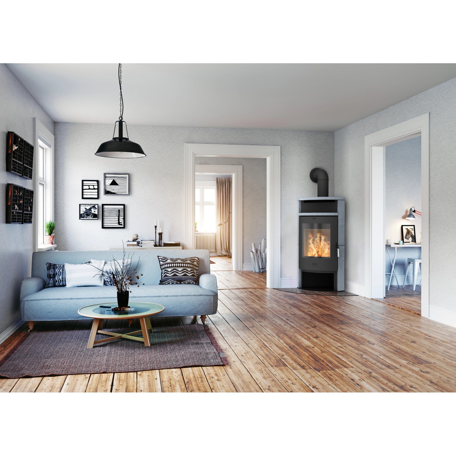 Fireplace Samba Kaminofen Speckstein, schwarz, 6 kW im Wohnraum mit brennendem Feuer.