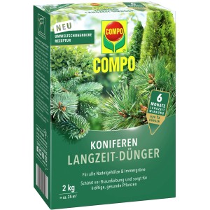 Compo Koniferen Langzeit-Dünger 2 kg Packung für gesunde Nadelgehölze.