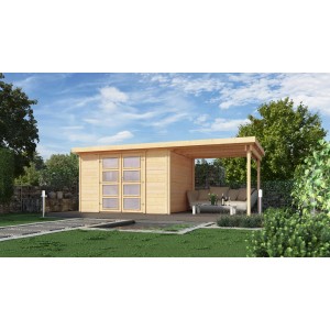 Weka Holz-Gartenhaus mit Flachdach und Anbau, unbehandelt, 489x237 cm.