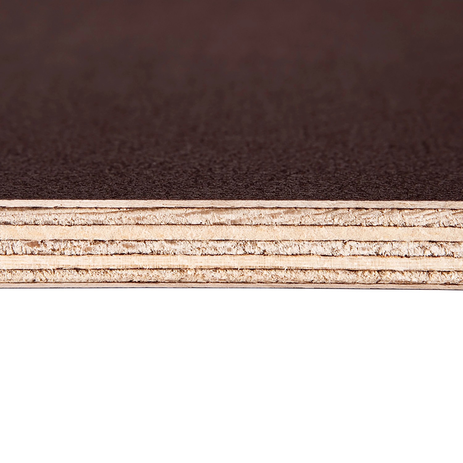 Braune Siebdruckplatte Birke Twin, 1,8 cm dick, Detailaufnahme der Holzschichten.