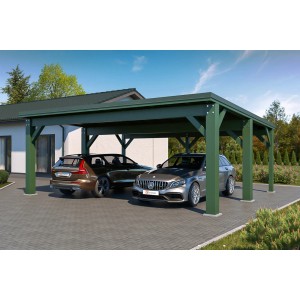 Holzbrüder Carport Ralf 42 in Chromgrün-Dornengrün mit zwei parkenden Autos.