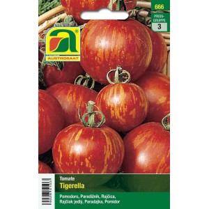 Saatgut Tomaten Tigerella: Rot-orange gestreifte Tomatensorte für den Garten.