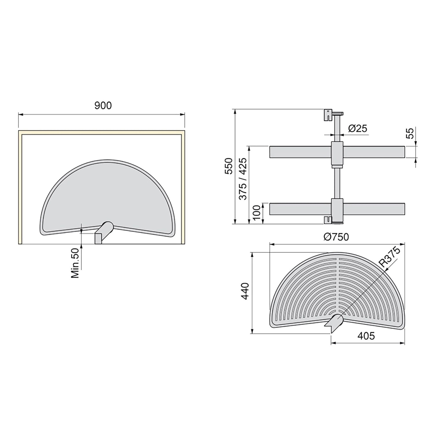 Emuca Lot Drehplatten Shelvo 1/2 für 800 mm Modul Kunststoff und Aluminium Grau_3