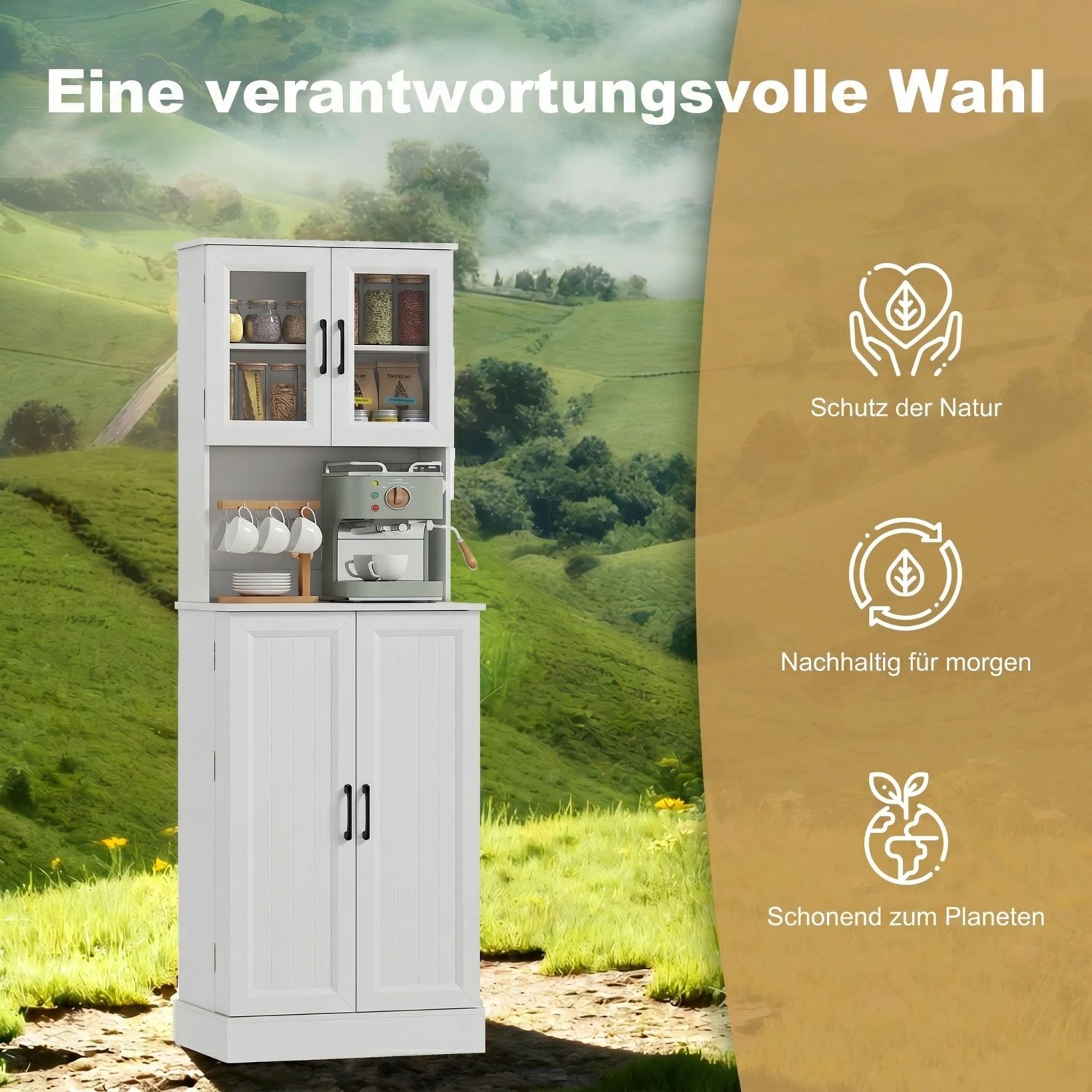 Weißer HOMCOM Küchenschrank im Landhausstil mit Glastüren, offener Arbeitsplatte und Unterschränken.