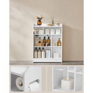 Weißer Songmics Badezimmerschrank Siren mit Schiebetüren und Regalfächern.