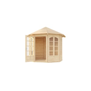 Weka 8-Eck Pavillon 234 A Natur aus Holz mit Sprossenfenstern und geöffneter Tür.