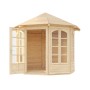 Weka 8-Eck Pavillon 234 A Natur aus Holz mit Sprossenfenstern und geöffneter Tür.